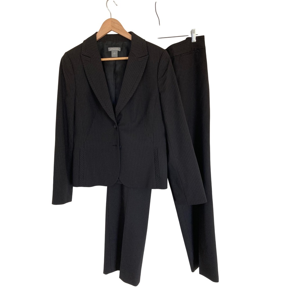 Ann Taylor Pinstripe Wool Pant Suit Set Margo Straight Leg Black Burgundy Sz 10